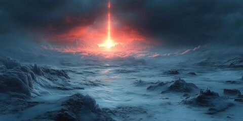Fototapeta premium Alien Planet: Frozen Wasteland with fiery beam