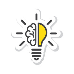 Icon of Brain and light bulb with its reflection and isolated on a blank background - Vector, Illustration, Sticker.