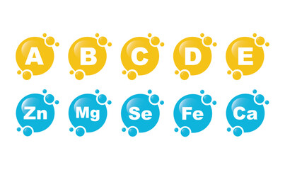 Vitamin B1, B, C, A, D, E, Ca, Zn, Mg, Se, Fe, Ca, vector. Set of Multi Vitamin, complex icons.