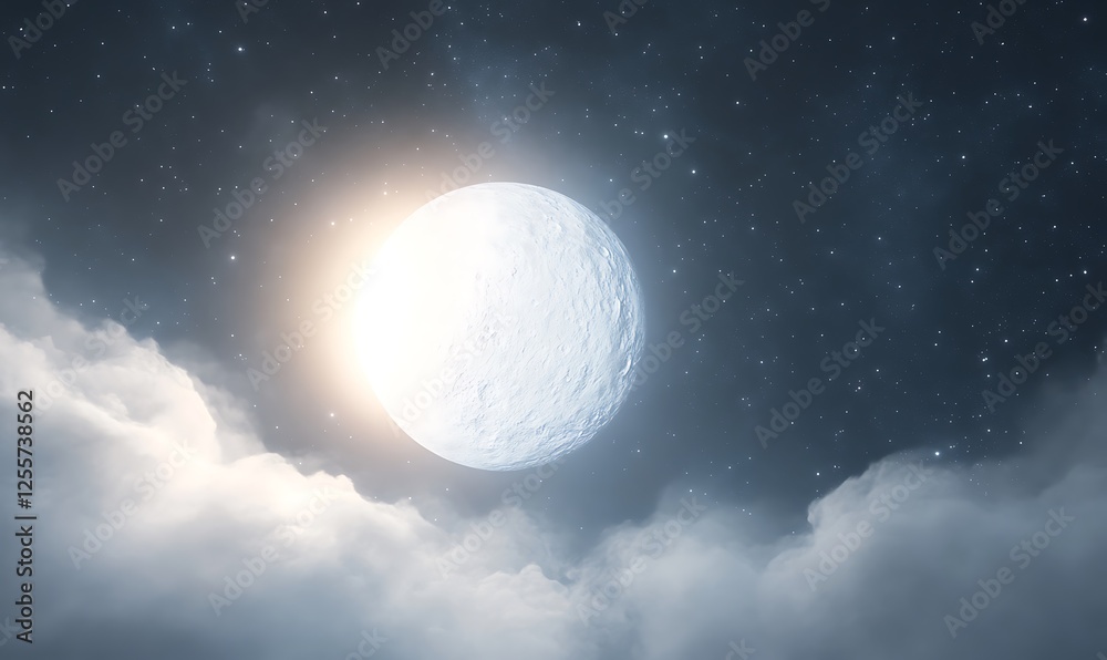 Aufkleber a glowing moon illuminates the night sky, surrounded by soft clouds and shimmering stars, creating a