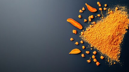 Bright Yellow Spice Pile with Whole and Ground Varieties on Dark Background