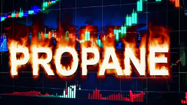 Flames transform the word propane as market graphs illuminate the background in dynamic display