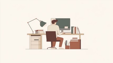 illustration of a professional working on a desktop computer in a clean office