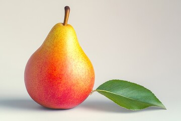 A fresh pear with a leaf sitting on a clean white surface