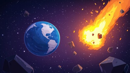 Naklejka premium Cartoon illustration of a planet exploding with earth elements and space background in vector style