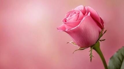 A close-up of a pink rose with a blurred pink background, allowing for plenty of copy space or design elements.