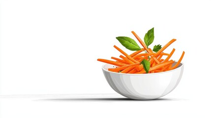 Freshly Prepared Carrot Sticks in a White Bowl Garnished with Herbs on a Minimal Background