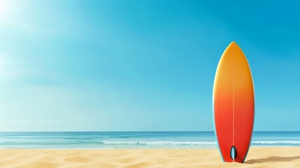 Surf up lone surfboard awaits the perfect wave on pristine sandy beach embark on summer adventure
