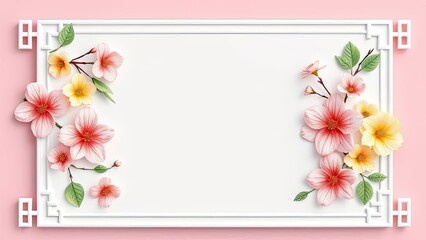Pink Yellow Flowers Frame Spring Blossom Border Asian Design