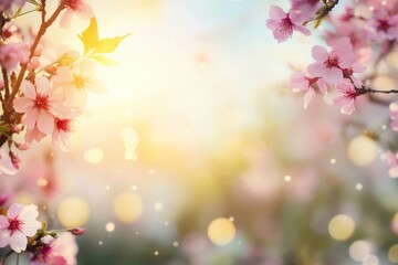 Fototapeta premium A tree with bright pink flowers illuminated by warm sunlight