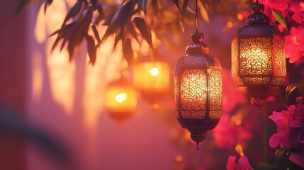 3D render of an Arabic themed product display background for advertisement featuring a moon stars and an Arabic lamp
