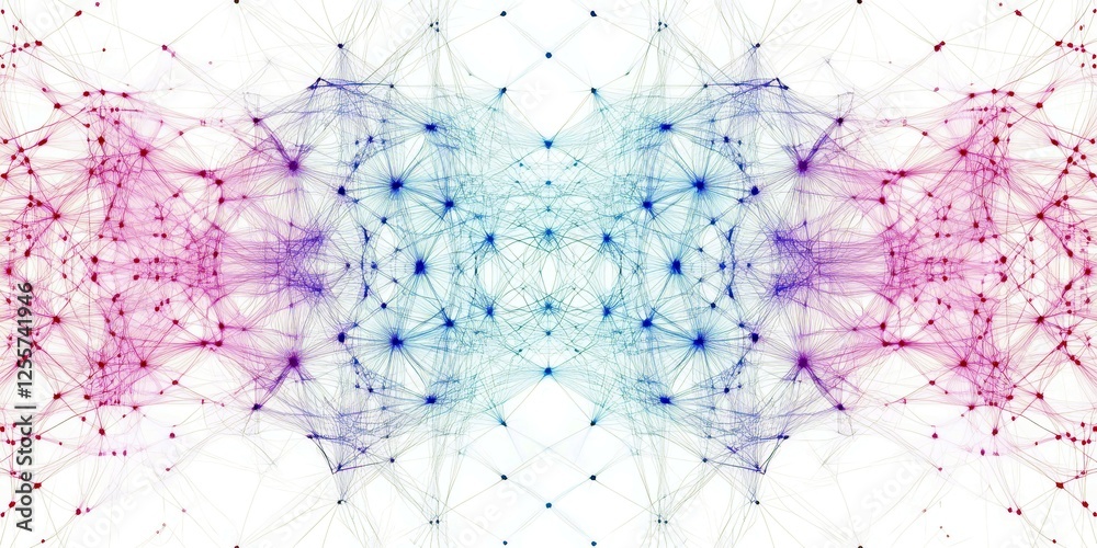 Poster abstract colorful network design with interconnected lines and dots forming a digital connection pat