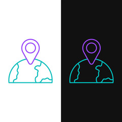 Line Location on the globe icon isolated on white and black background. World or Earth sign. Colorful outline concept. Vector