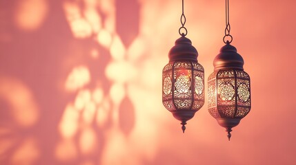 3D render of an Arabic themed product display background for advertisement featuring a moon stars and an Arabic lamp