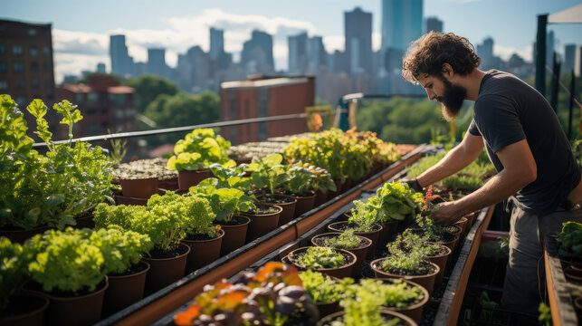 Urban gardening enthusiast tending to rooftop plants with city skyline