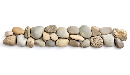 Fototapeta premium River Stones Arrangement: A collection of smooth, river-worn stones in various shades of beige and grey, arranged in a linear pattern, creating a natural and calming design element.
