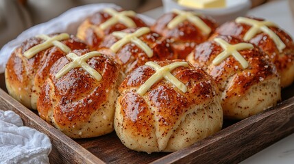Freshly baked hot cross buns on a wooden tray with melting butter ready for Easter celebrations