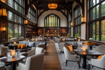 A gothic-style university faculty lounge with towering bookshelves, dark wooden desks, and candle-lit study areas
