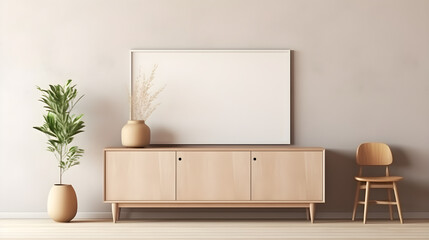 Minimalist Living Room Interior Design Wooden Cabinet Chair Plant and Blank Canvas