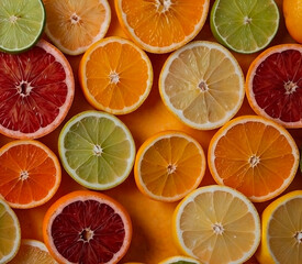 Obraz premium Flat lay of various sliced ​​citrus fruits on orange background