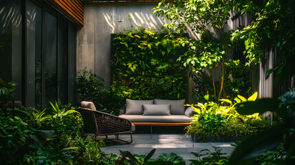 A cozy seating nook within a modern courtyard surrounded by greenery.