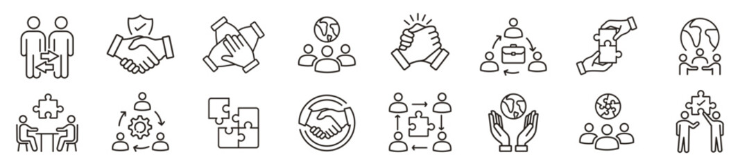 Successful business collaboration thin line icon set. Containing teamwork, cooperation, puzzle solving, agreement, handshake, support, help, group, partnership, organization, team working. Vector