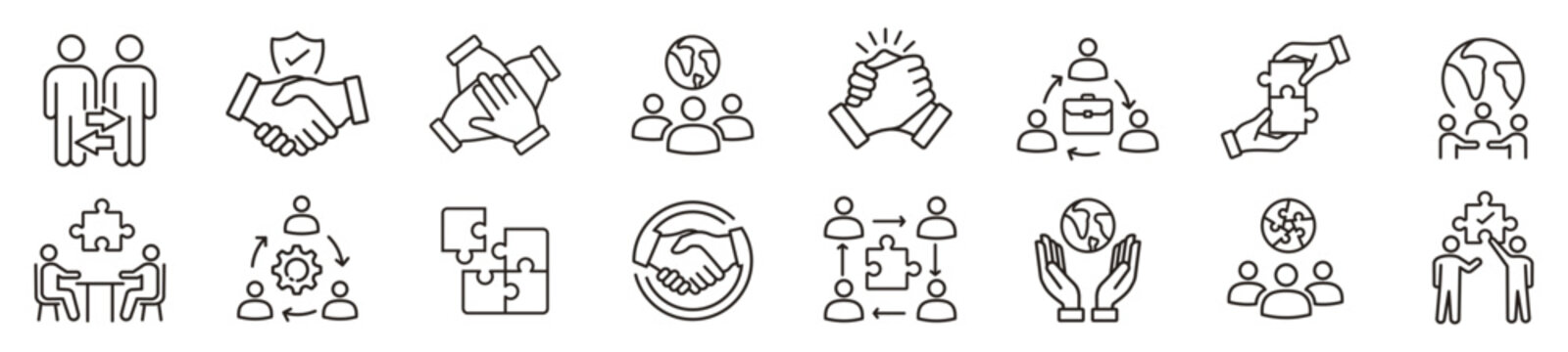 Successful business collaboration thin line icon set. Containing teamwork, cooperation, puzzle solving, agreement, handshake, support, help, group, partnership, organization, team working. Vector