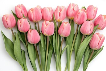 Obraz premium A bouquet of pink tulips sits on a clean white surface, ready for display or arrangement