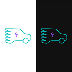 Line Electric car and electrical cable plug charging icon isolated on white and black background. Renewable eco technologies. Colorful outline concept. Vector