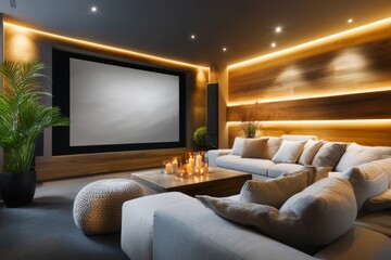 A flat, modern design of a speaker and a screen, representing a home theater media room