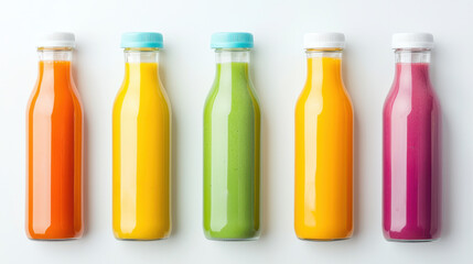 Fresh and vibrant smoothie lineup in glass bottles, showcasing colorful flavors