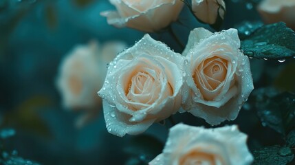 A close-up of dewy white roses in a bouquet, captured with soft focus for a romantic and elegant feel.