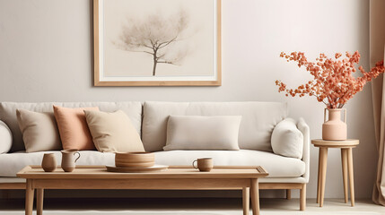 Modern Minimalist Living Room Interior Design Beige Sofa Wooden Coffee Table and Dried Flowers
