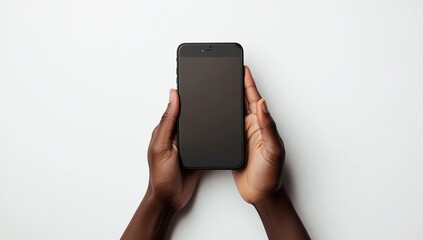 Hands Hold Smartphone, Displaying Blank Screen for App Mockup, Technology Demonstration, Digital Device Showcase, Mobile Interface