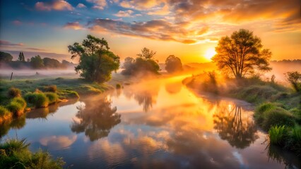 Naklejka premium Sunrise over Misty River Landscape