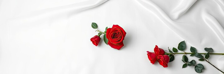 Naklejka premium Romantic Red Roses on White Silk Fabric Valentine s Day Love Flowers