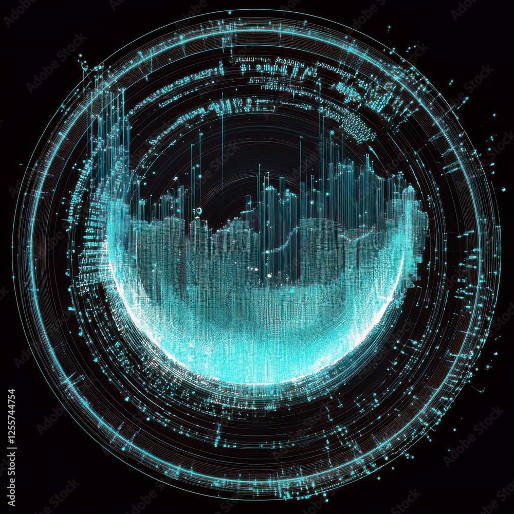 Poster abstract visualization of data analysis with glowing blue lines and circular frame representing digi