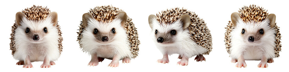 Obraz premium hedgehog clipart concept. Four cute hedgehogs with distinctive spines, facing forward against a white background. on Transparent background.