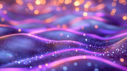 Abstract digital art design, vibrant pink, purple, and blue glowing wavy lines, glittering particles, bokeh lights, creating a mesmerizing ethereal effect.