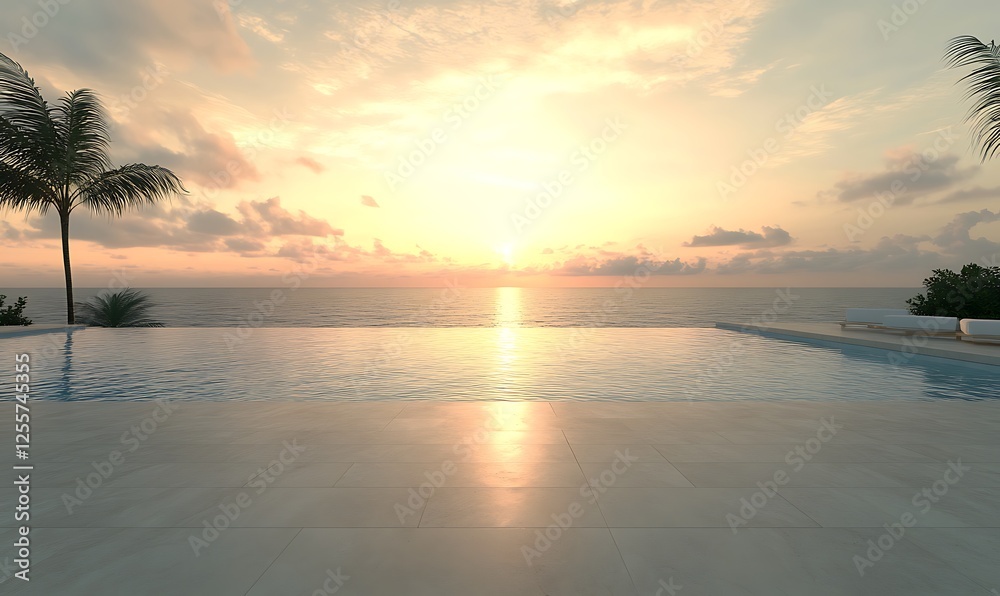 Aufkleber a serene sunset view over an infinity pool, with palm trees framing the scene and soft clouds reflec