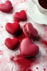 Obraz premium Romantic Heart-Shaped Macarons Surrounded by Pink Powder and a Cup of Tea in a Delightful Dessert Arrangement for Special Occasions