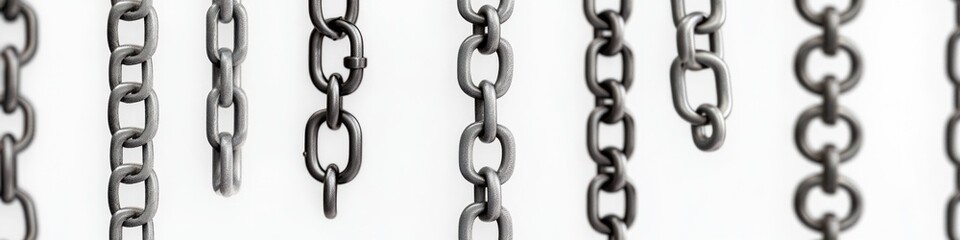 Obraz premium A bunch of chains hanging from a concrete or metal wall, possibly used for industrial or heavy-duty purposes