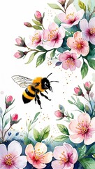 Spring Blossoms with Bumblebees watercolor in Pollinator Friendly Floral on plain white background