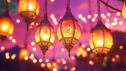 3D render of an Arabic themed product display background for advertisement featuring a moon stars and an Arabic lamp