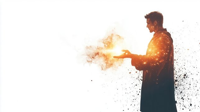 a hero casting a glowing teleportation spell, fantasy magic scene, surreal effects, isolated on white background