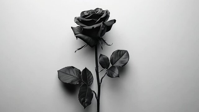 This bold black rose contrasts with a light gray background, symbolizing strength and beauty.