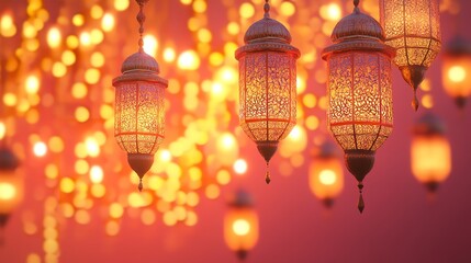 3D render of an Arabic themed product display background for advertisement featuring a moon stars and an Arabic lamp