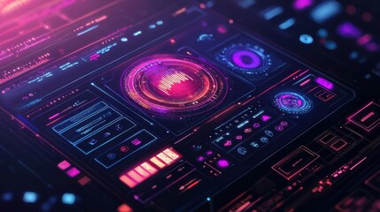 Obraz premium Closeup view of futuristic digital interface, vibrant neon colors, glowing elements, and interactive displays. Complex, data rich interface with various shapes and data representations.