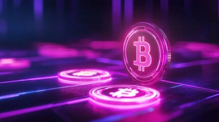 Glowing Pink Bitcoin Coins On Futuristic Background