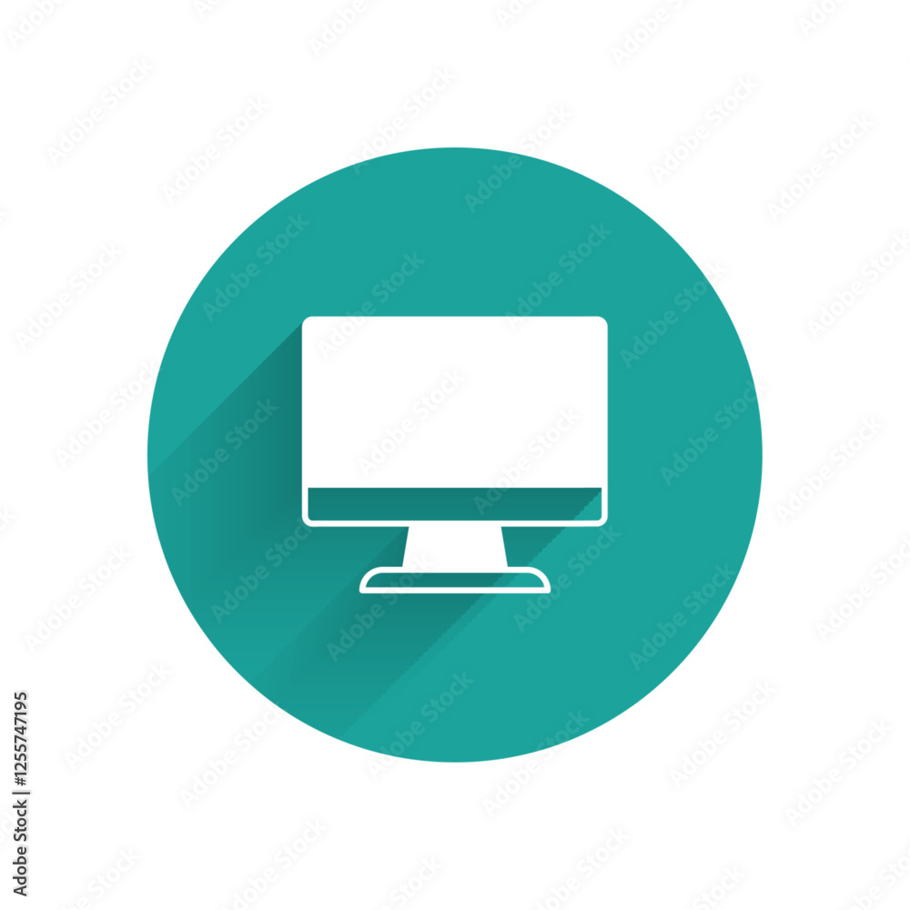 Poster white computer monitor screen icon isolated with long shadow background. electronic device. front vi